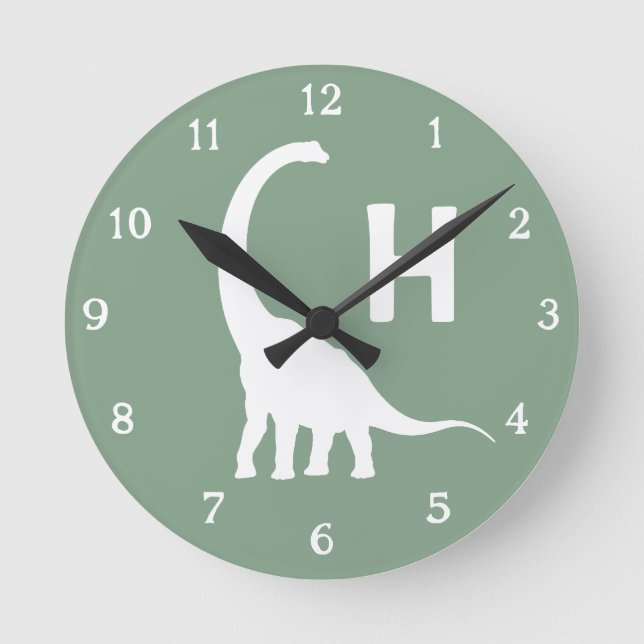 Personalized Brontosaurus Kids Wall Clock Sage Gre Runde Wanduhr (Vorderseite)