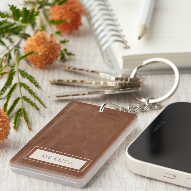 Personalized Brown Faux Leather  Schlüsselanhänger (Vorderseite rechts)