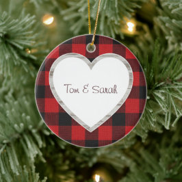 Personalized Buffalo Plaid Heart Rustic  Keramik Ornament