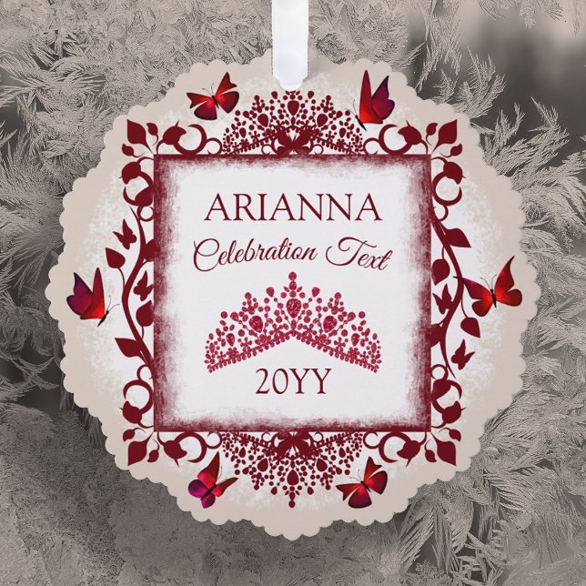 Personalized Burgundy & Beige Butterflies & Tiara Ornament Karte (burgundy red tiara and butterflies christmas tree ornament with personalized message)