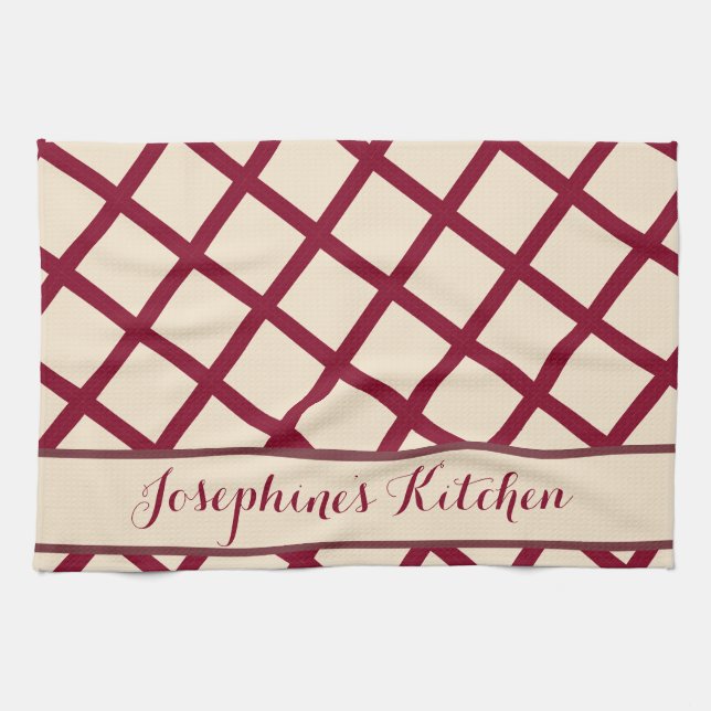 Personalized Burgundy Cream Lattice Elegant Chic Geschirrtuch (Horizontal)