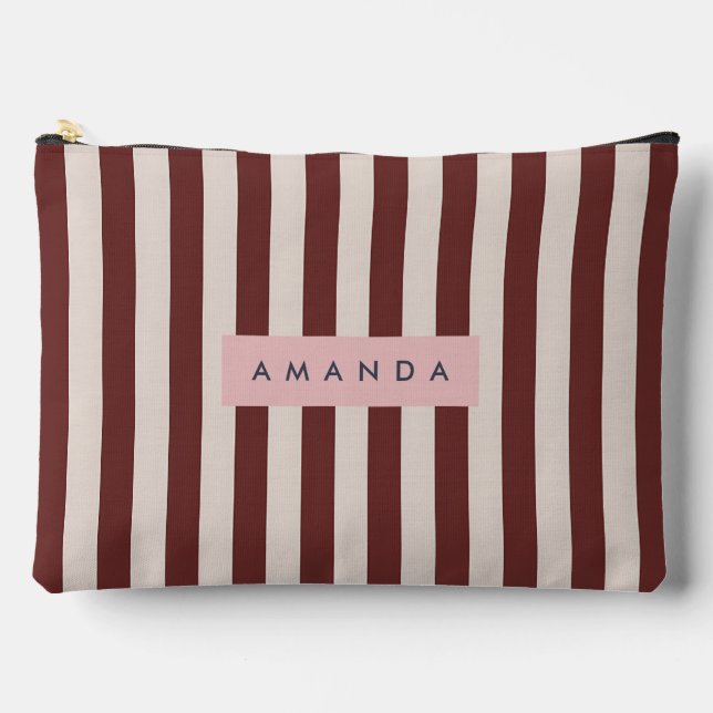 Personalized Burgundy & Ivory Stripe Zubehörtasche (Vorderseite)