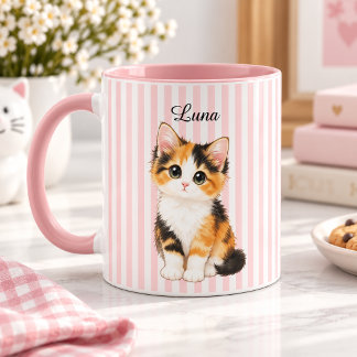 Personalized Calico Kitten Name Pink Striped Coffe Tasse