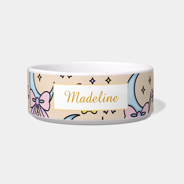 Personalized Cat Name Moon Peach Bows Bowl Ceramic Napf (Vorderseite)