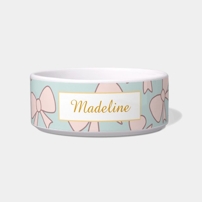 Personalized Cat Name Pastel Pink Bow Bowl Ceramic Napf (Vorderseite)