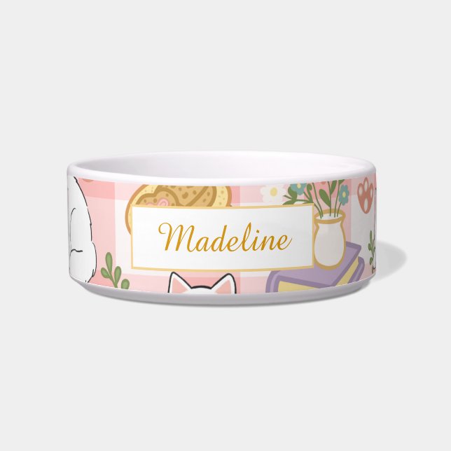 Personalized Cat Name Pastel Pink Bowl Ceramic Napf (Vorderseite)