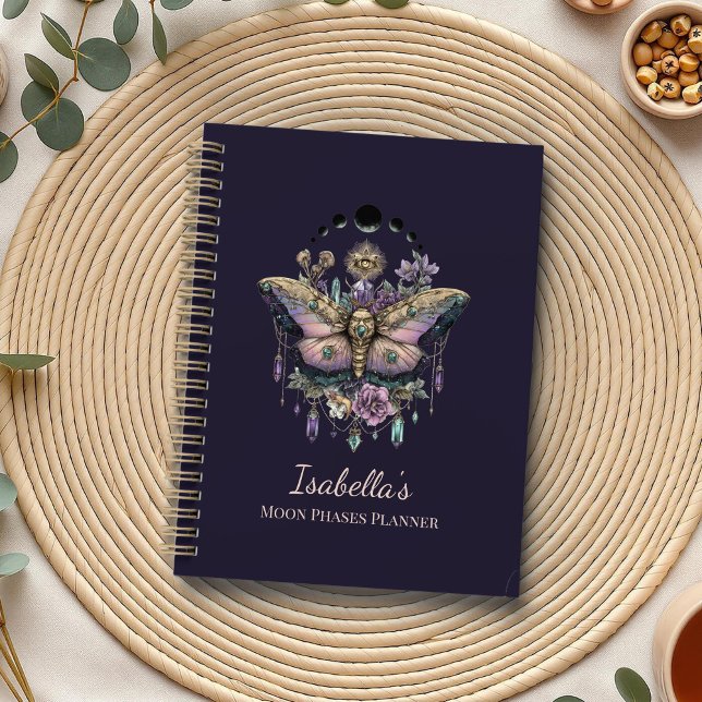 Personalized Celestial Moth & Moon Phases Witchy Planer (Personalized Celestial Moth & Moon Phases Witchy Planner on a boho table with botanicals)