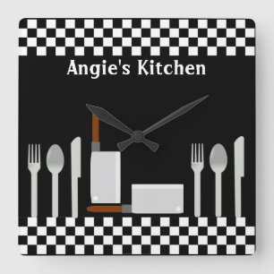 Personalized Checkerboard Kitchen Utensils Clock Quadratische Wanduhr