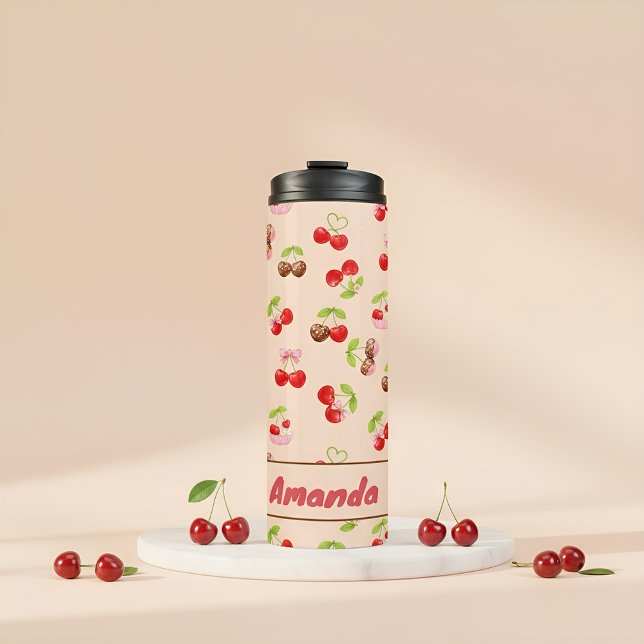 Personalized Cherry Dessert Pattern Cute Name Thermosbecher (Von Creator hochgeladen)