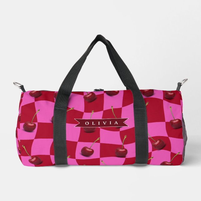 Personalized Cherry Gingham Retro Custom Name Duffle Bag (Vorderseite)