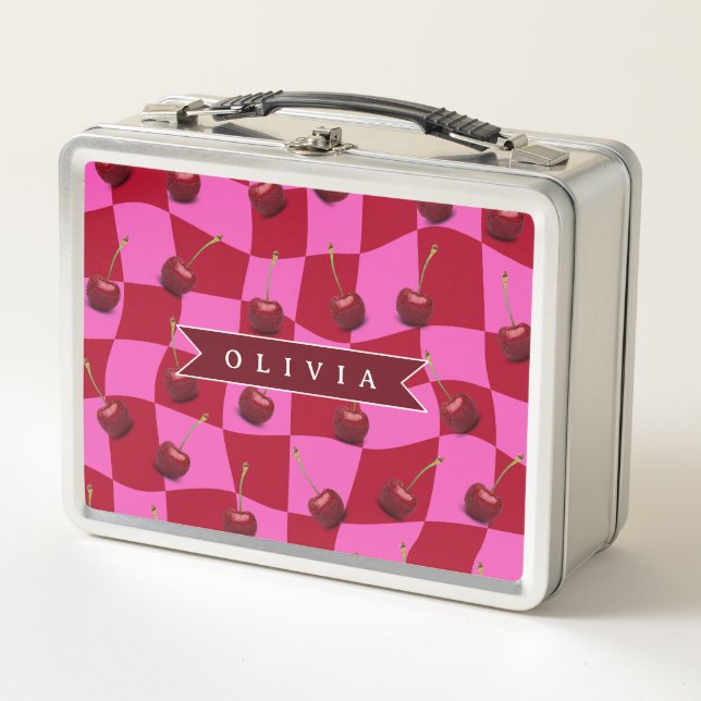 Personalized Cherry Gingham Retro Custom Name Metall Brotdose (Vorderseite)