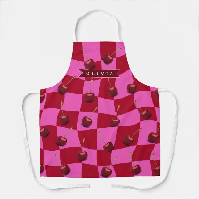 Personalized Cherry Gingham Retro Custom Name Schürze (Vorderseite)