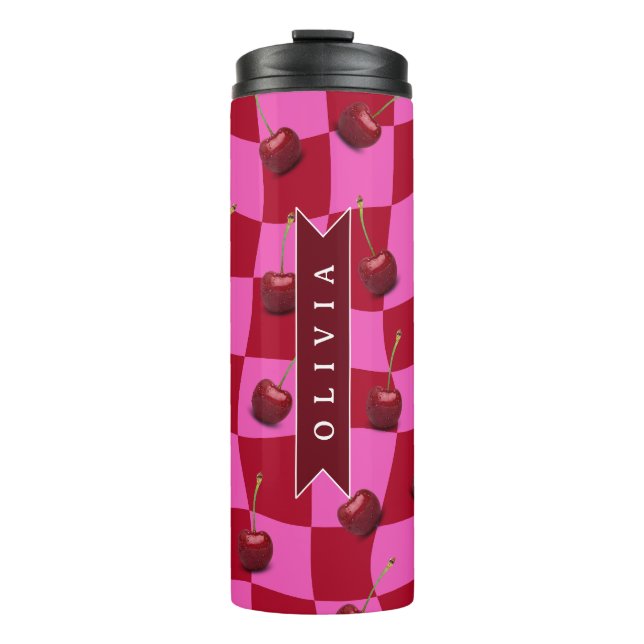 Personalized Cherry Gingham Retro Custom Name Thermosbecher (Vorderseite)
