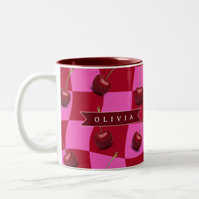 Personalized Cherry Gingham Retro Custom Name Zweifarbige Tasse (Links)