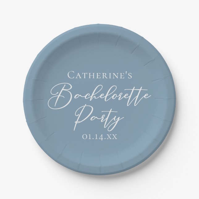 Personalized Chic Dusty Blue Bachelorette Party Pappteller (Vorderseite)