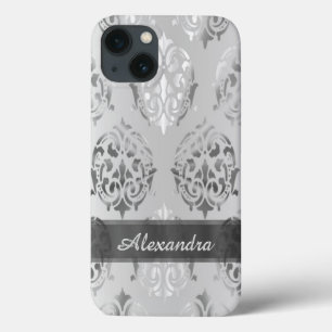 Personalized chic elegant silver gray damask Case-Mate iPhone hülle