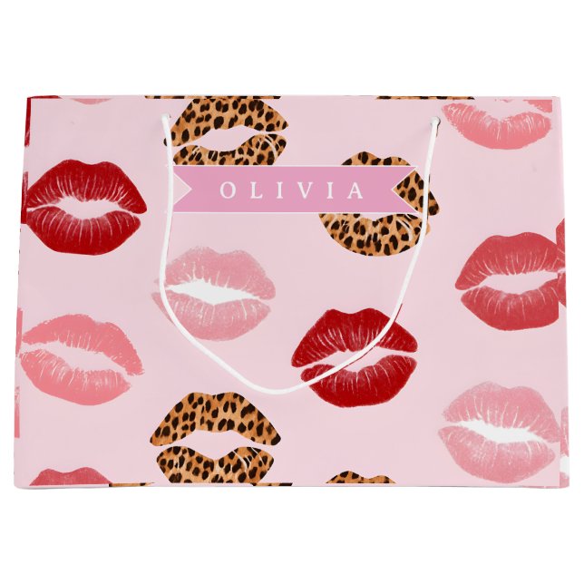Personalized Chic Pink Leopart Print Lip Pattern Große Geschenktüte (Vorderseite)