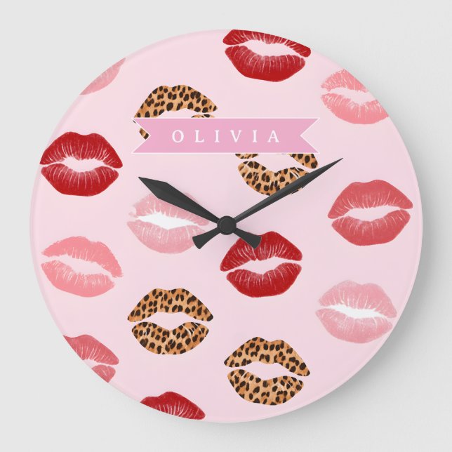 Personalized Chic Pink Leopart Print Lip Pattern Große Wanduhr (Vorderseite)