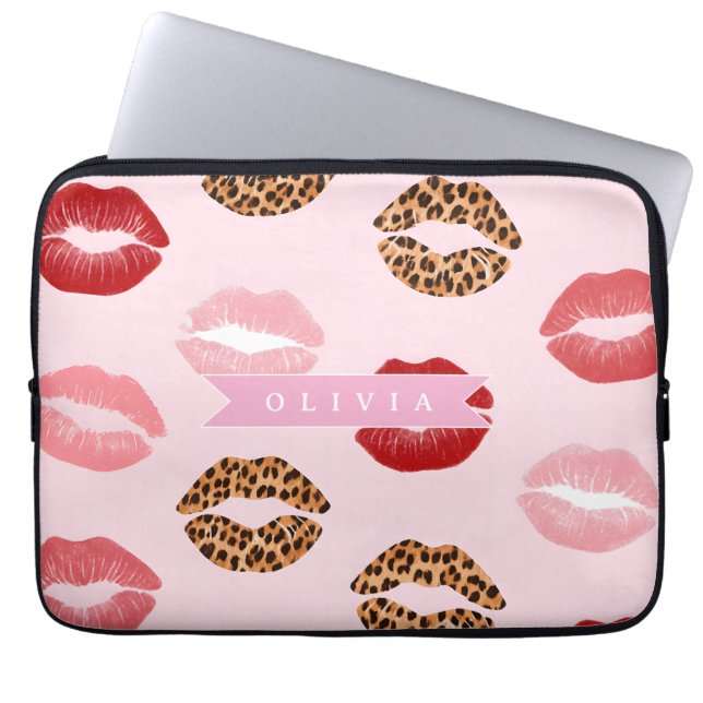 Personalized Chic Pink Leopart Print Lip Pattern Laptopschutzhülle (Vorderseite)