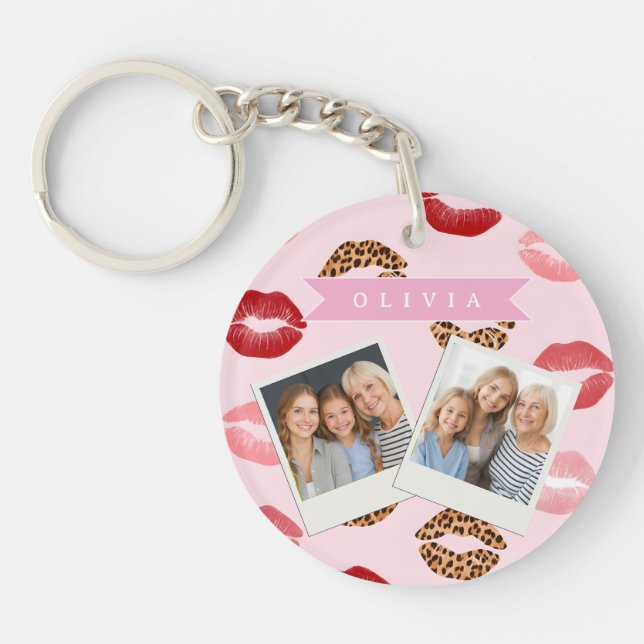 Personalized Chic Pink Leopart Print Lip Pattern Schlüsselanhänger (Vorderseite)