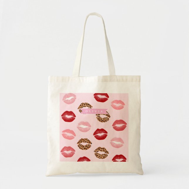 Personalized Chic Pink Leopart Print Lip Pattern Tragetasche (Vorne)