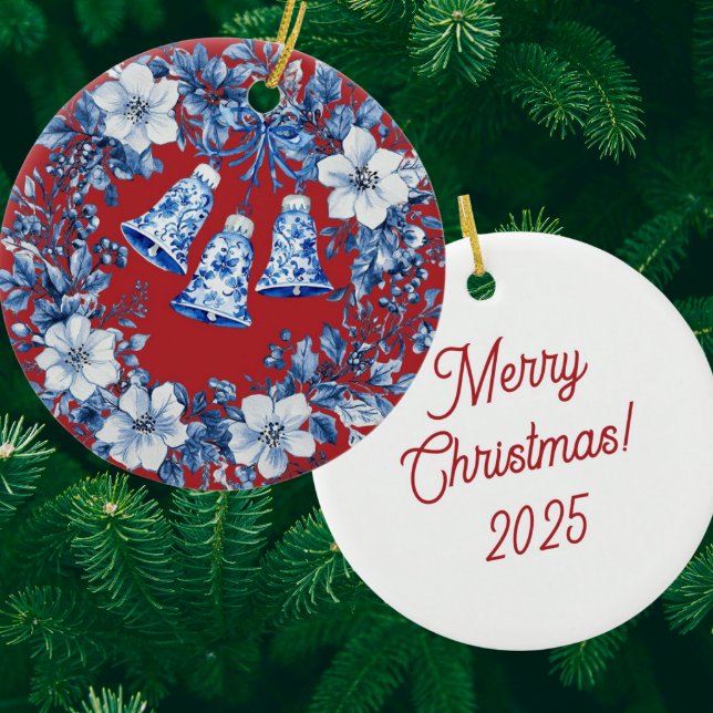 Personalized Chinoiserie Blue White Wreath Bells Keramik Ornament (Personalize the back!)