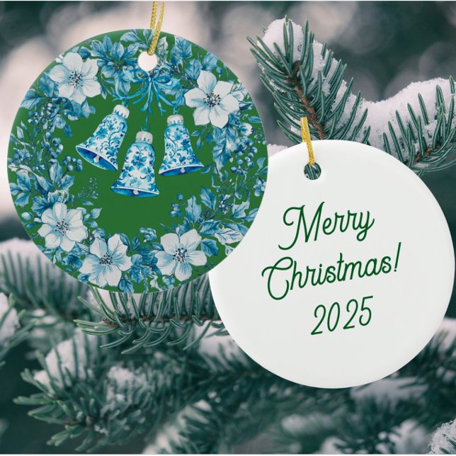 Personalized Chinoiserie Blue White Wreath Bells Keramik Ornament (Personalize the back!)