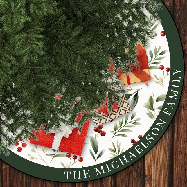 Personalized Christmas Greenery & Red Berries Polyester Weihnachtsbaumdecke (Personalized Christmas Greenery & Red Berries Brushed Polyester Tree Skirt)