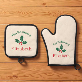 Personalized Christmas Holiday Kitchen Holly Berry Ofenhandschuh & Topflappen-Set