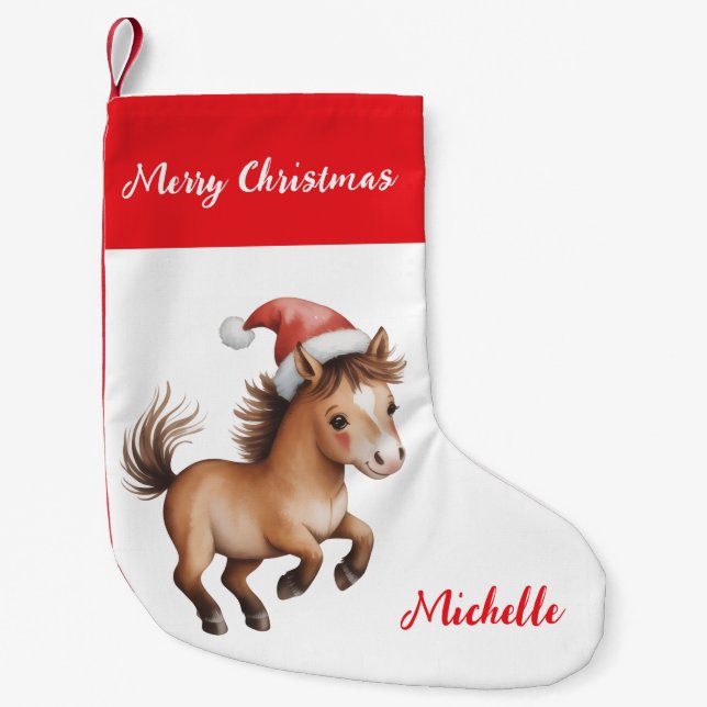 Personalized Christmas horse in Santa hat Kleiner Weihnachtsstrumpf (Vorderseite)