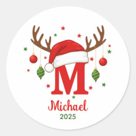 Personalized Christmas Monogram M Santa Hat Runder Aufkleber