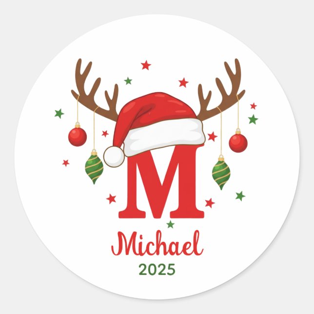 Personalized Christmas Monogram M Santa Hat Runder Aufkleber (Vorderseite)