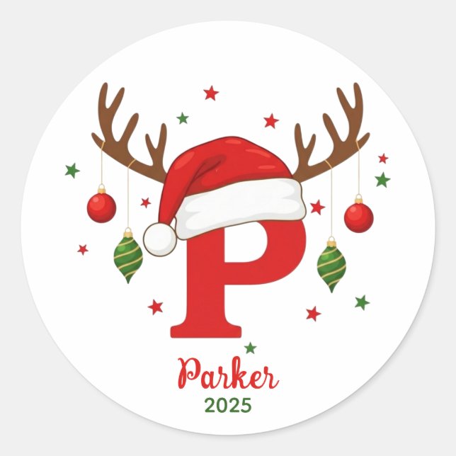 Personalized Christmas Monogram P Santa Hat Runder Aufkleber (Vorderseite)