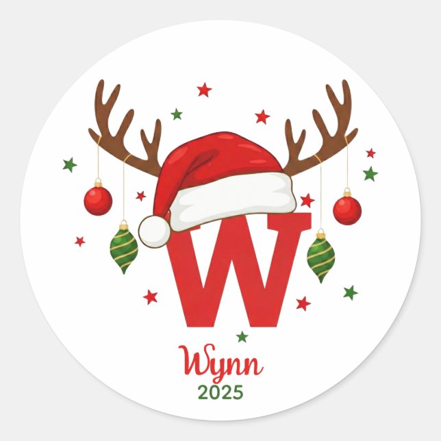 Personalized Christmas Monogram W Santa Hat Runder Aufkleber (Vorderseite)