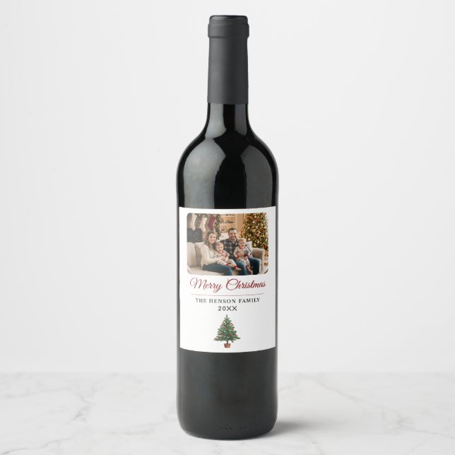 Personalized Christmas Tree Family Photo  Weinetikett (Vorderseite)