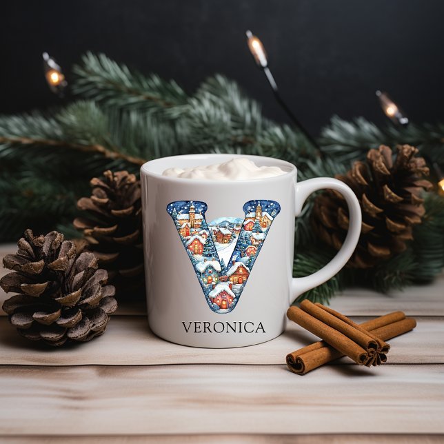 Personalized Christmas Winter Village Monogram V Kaffeetasse (Personalized Christmas Winter Village Monogram V Coffee Mug)