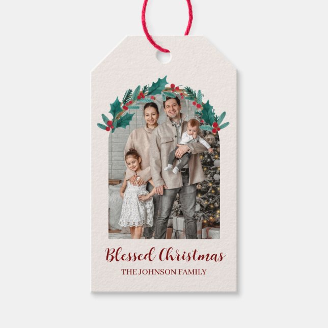 Personalized Christmas Wreath Photo Gift Tag Geschenkanhänger (Vorderseite)