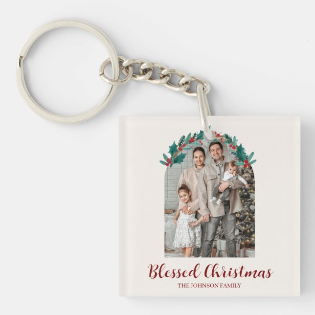 Personalized Christmas Wreath Photo Keychain  Schlüsselanhänger (Vorderseite)