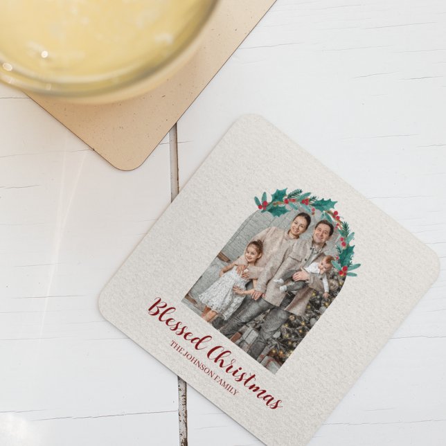 Personalized Christmas Wreath Photo Paper Coaster Rechteckiger Pappuntersetzer (Von Creator hochgeladen)