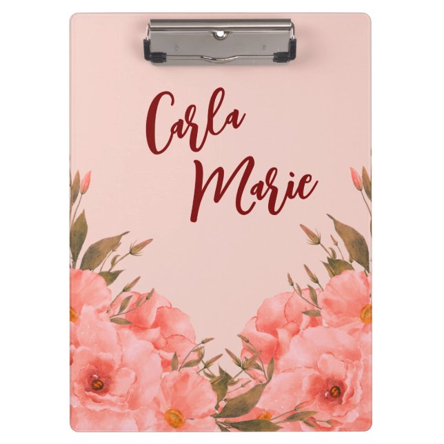 Personalized Clipboard | Pink Floral Design Klemmbrett (Vorderseite)