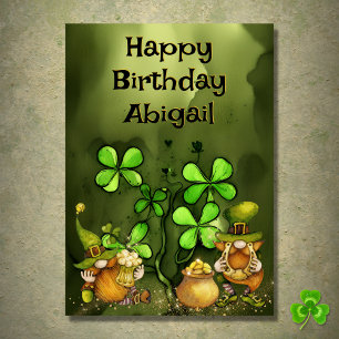 Personalized Clovers n Leprechaun Gnomes Birthday Karte