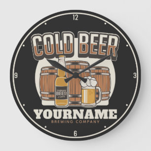 Personalized Cold Beer Oak Barrel Brewery Brewing  Große Wanduhr