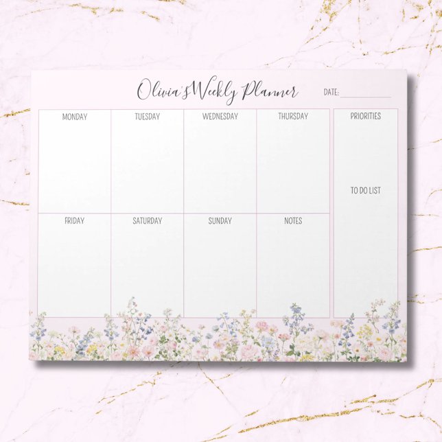 Personalized Colorful Flower Floral Weekly Planner Notizblock (Close up)