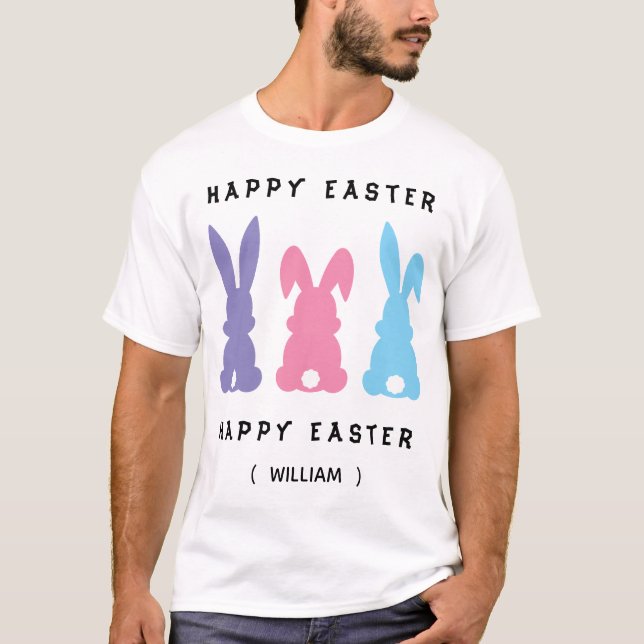 Personalized Colorful Happy Easter Bunnies T-Shirt (Vorderseite)