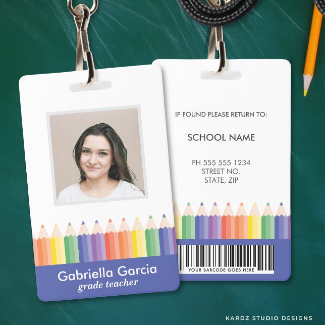 Personalized Colorful School Teacher Bar Code ID Ausweis (Front and back are shown. Customize and choose attachment: lanyard, retractable, or metal clip)