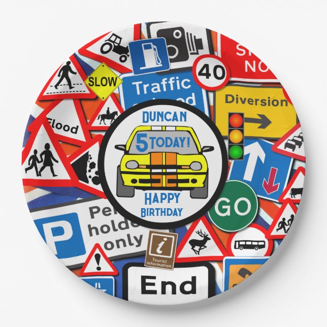Personalized Colourful Road Signs, Birthday Party Pappteller (Vorderseite)