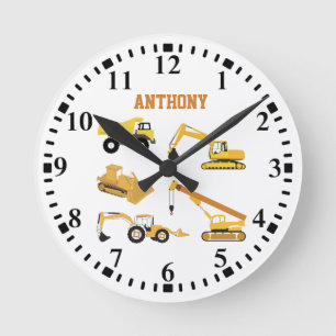 Personalized Construction Trucks Kids Round Clock Runde Wanduhr