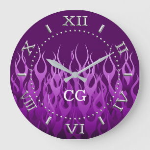 Personalized Cool Purple Racing Flames Dial on a Große Wanduhr