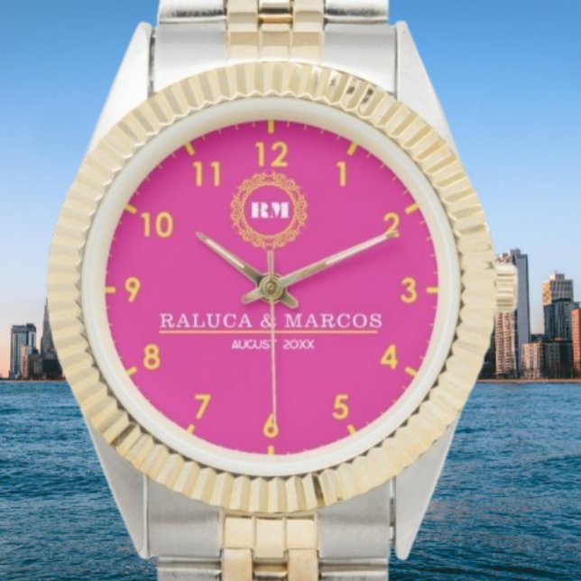 Personalized couple names monogram pink and yellow armbanduhr (Von Creator hochgeladen)