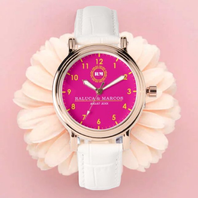 Personalized couple names monogram pink and yellow armbanduhr (Von Creator hochgeladen)